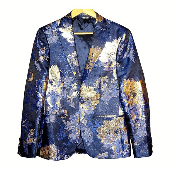 Moss London Mens Party Satin Gold Metallic Floral Skinny Button Jacquard Coat M - Picture 1 of 16